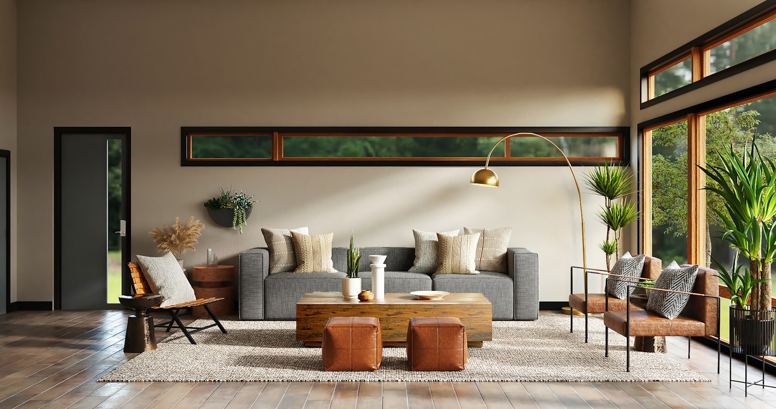 Sunlit living room with sculptural lounge seating